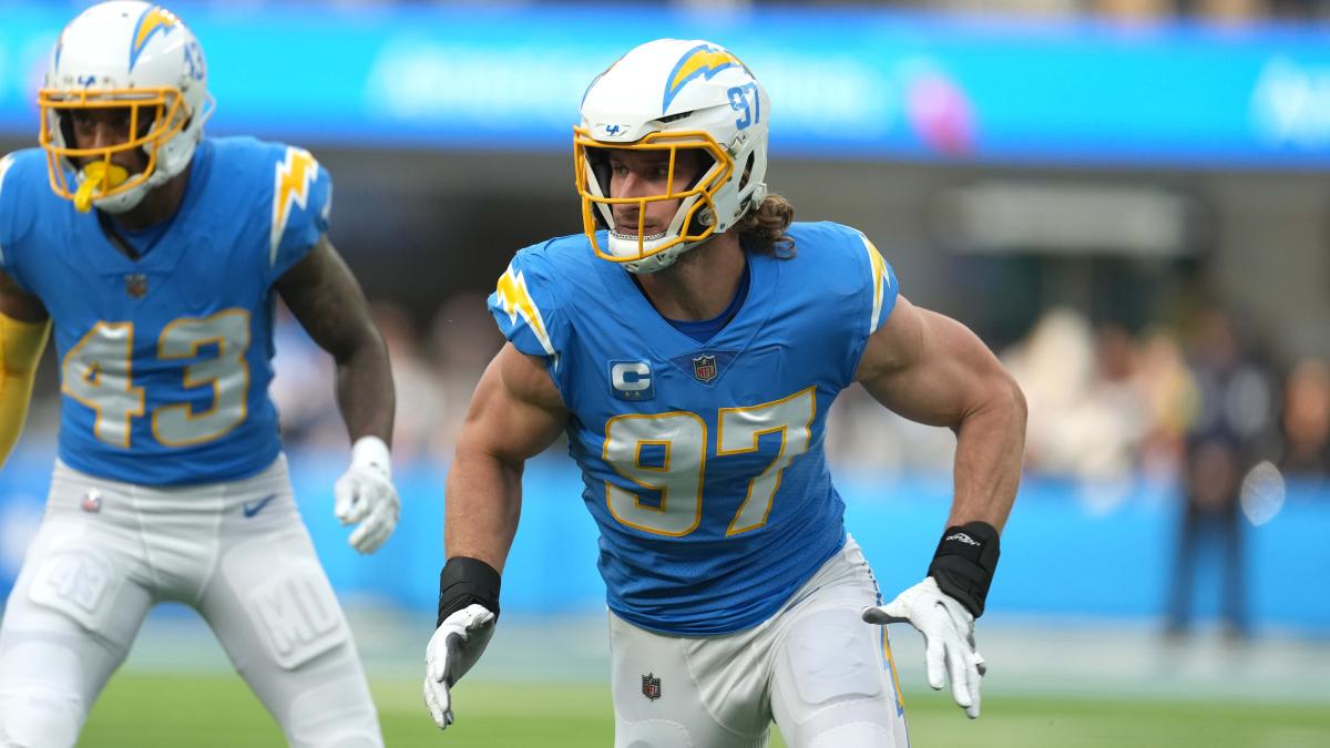 Jan 1, 2023; Inglewood, California, USA; Los Angeles Chargers linebacker Joey Bosa (97) against the Los Angeles Rams at SoFi Stadium.